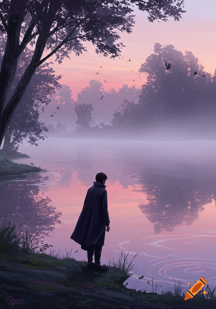 Digital painting of a lone person in a dark coat standing by a misty lake at sunset, surrounded by trees.
