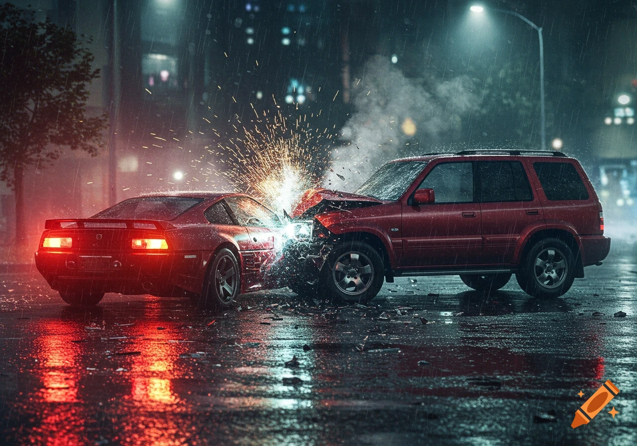 Two red cars, a sports car and an SUV, collide head-on in the rain on a city street at night, with sparks flying from the impact.