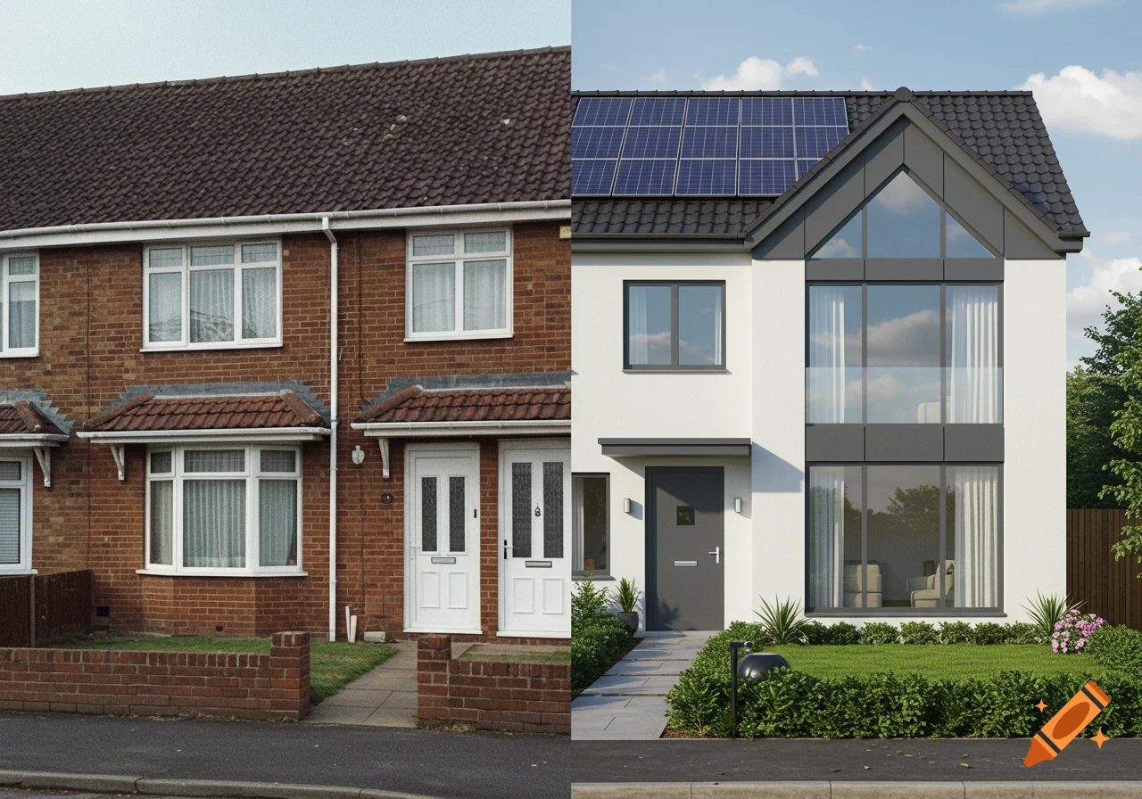 Split image of an old brick semi-detached house on the left and a modern white house with solar panels on the right.