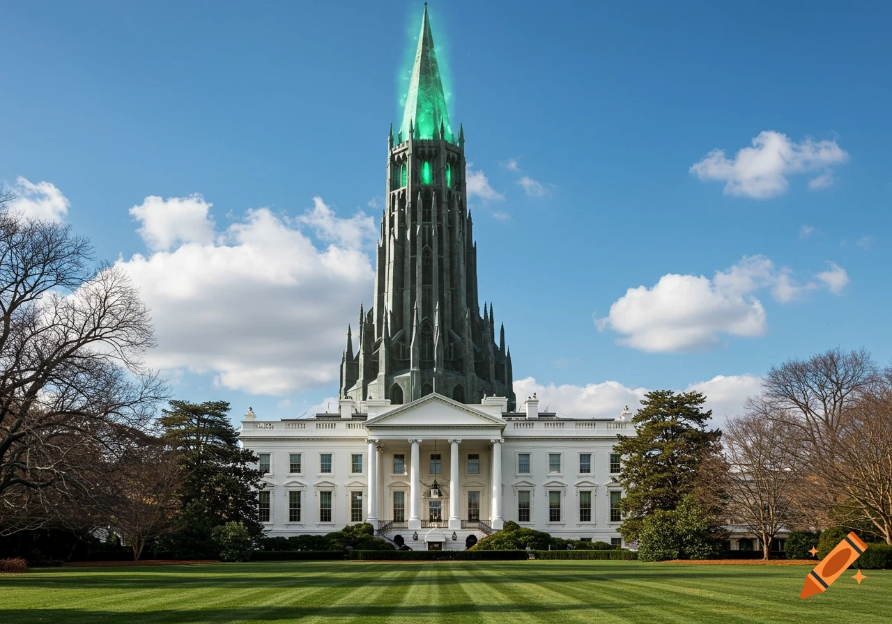 The White House with a tall, dark, gothic tower featuring a glowing green spire and windows, set against a blue sky.