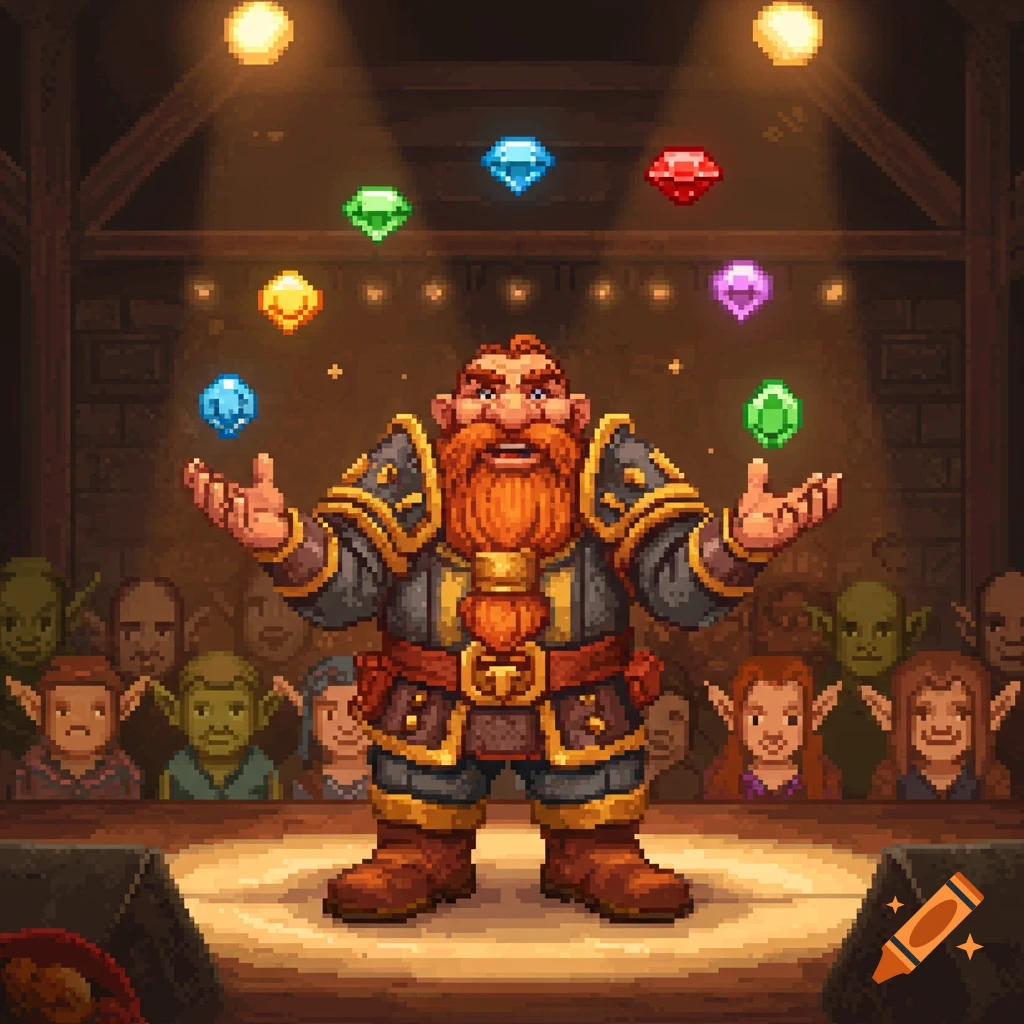 A pixel art dwarf with a red beard juggles colorful gems on a stage, watched by an audience of fantasy creatures.