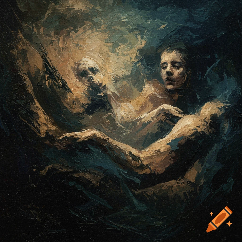 Abstract expressionistic oil painting of a gaunt, skeletal face and a human figure in dark, textured brushstrokes, representing insomnia.