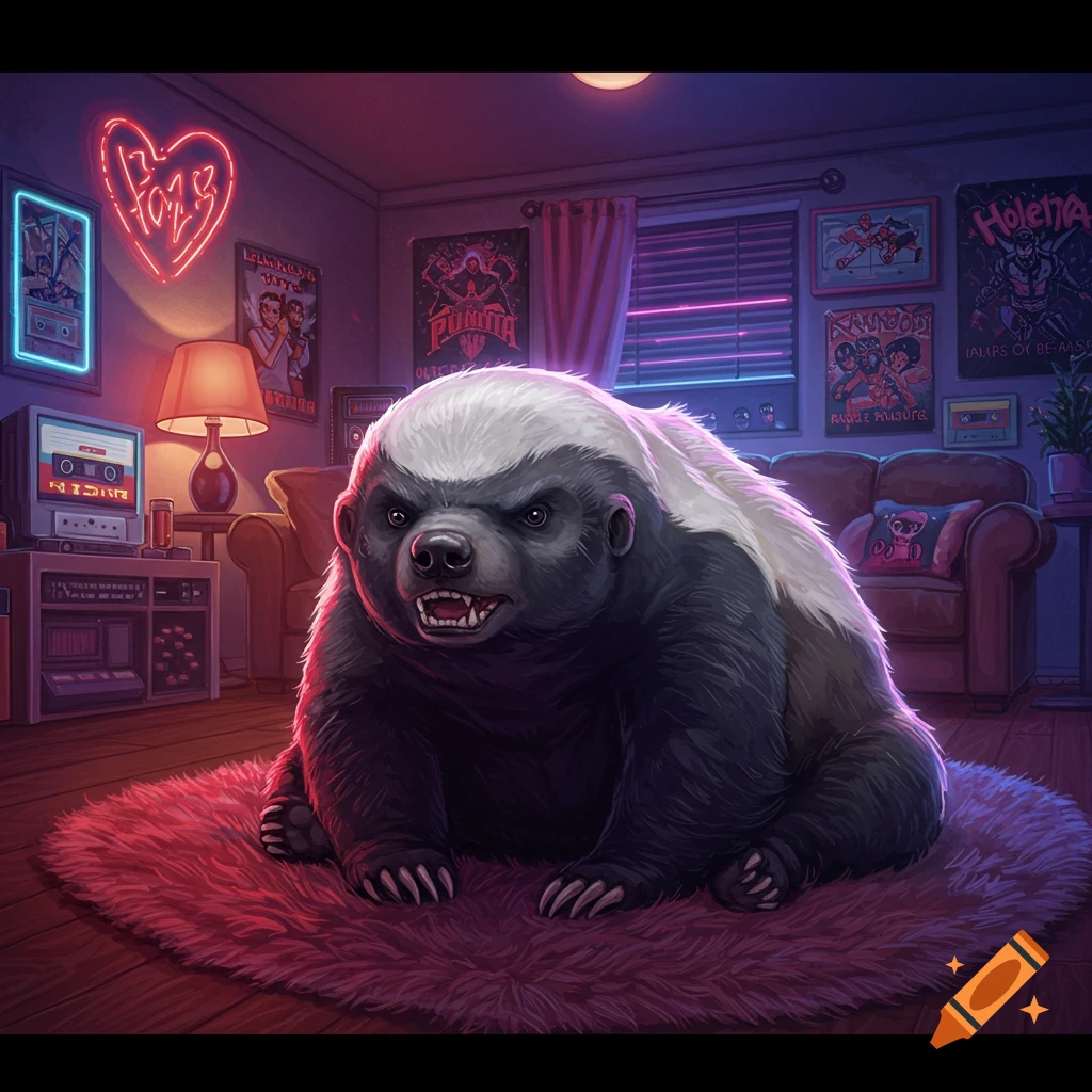 A fluffy, growling honey badger sits on a pink fur rug in a retro 90s room with neon lights and pop culture posters.