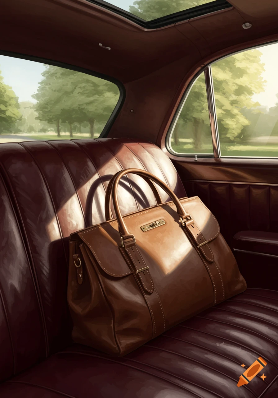 A brown leather briefcase bag sits on a burgundy car seat, sunlit, with a view of trees outside in a painterly style.