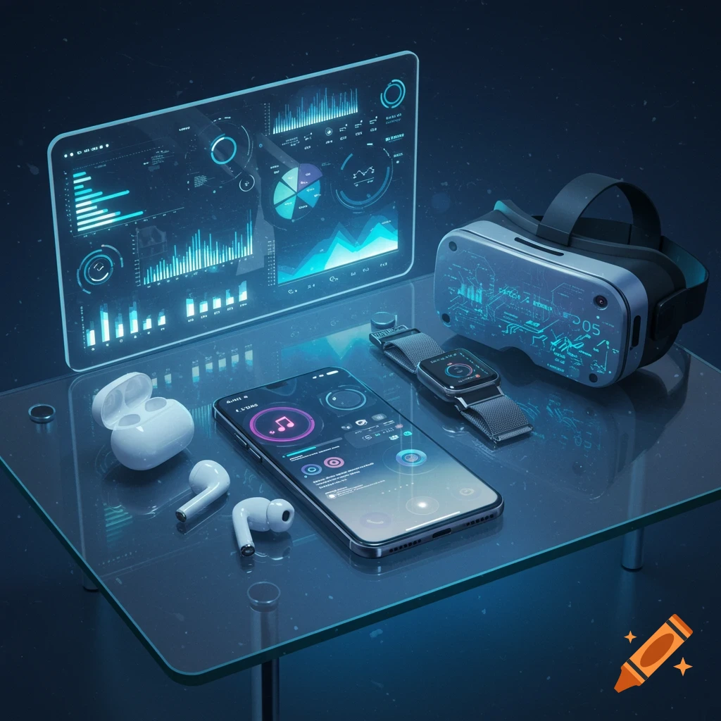 Modern electronic gadgets: a smartphone, earbuds, smartwatch, VR headset, and a transparent display with data, on a glass table.