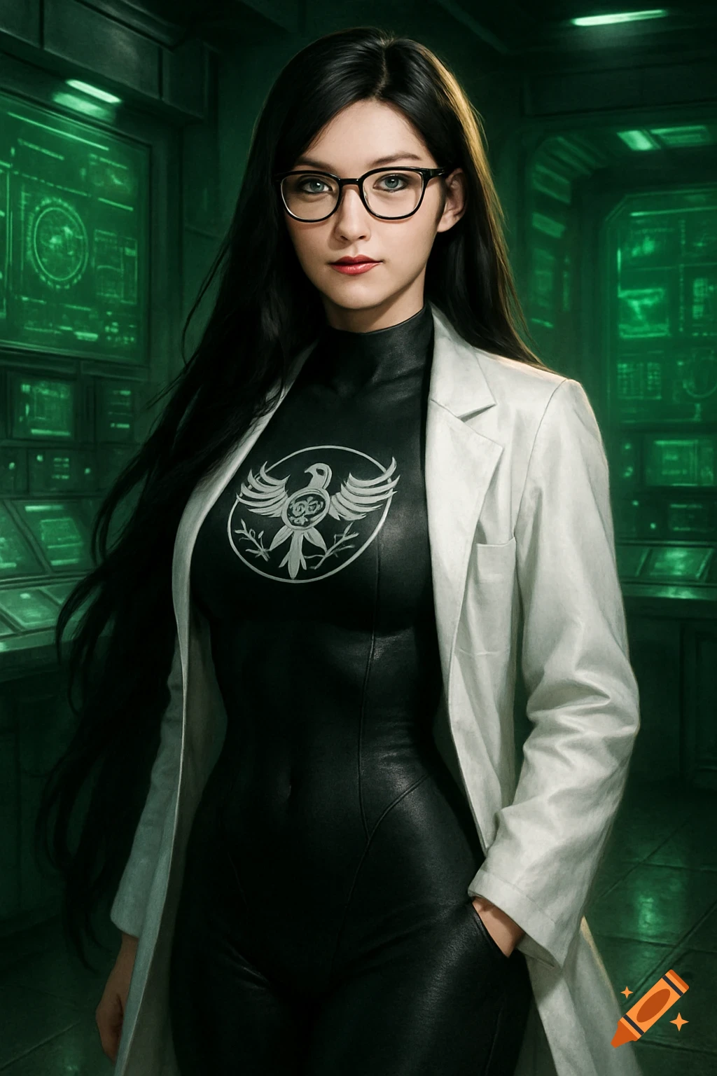 A woman with long black hair and glasses wears a white lab coat over a black bodysuit with an emblem, in a green lit sci-fi lab.