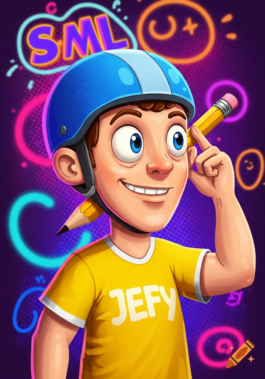 A smiling cartoon boy wearing a blue helmet and yellow 'JEFY' shirt holds a pencil, against a dark purple background with neon 'SML' graffiti.