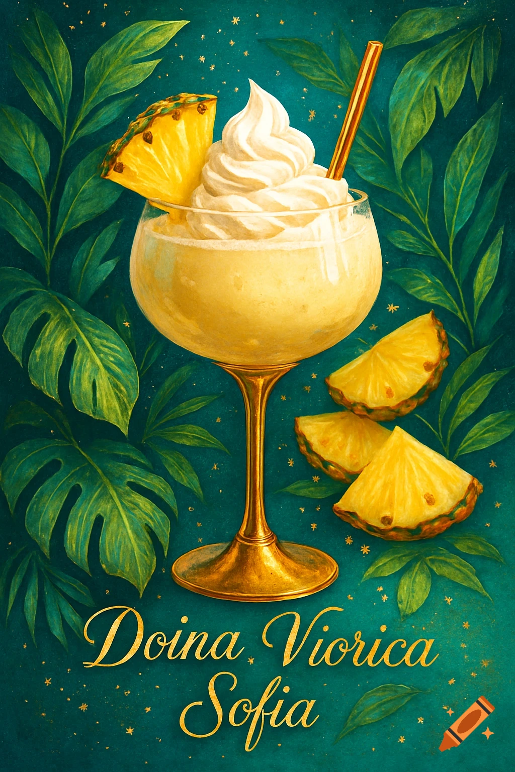 A vibrant illustration of a pina colada cocktail in an elegant glass with pineapple, tropical leaves, gold accents, and the names "Doina Viorica Sofia".