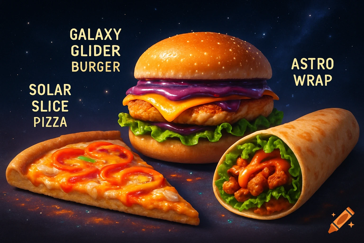 A photorealistic burger, pizza slice, and wrap with cosmic branding against a starry sky. Text labels: Galaxy Glider Burger, Solar Slice Pizza, Astro Wrap.