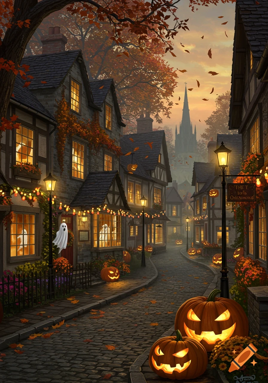 A cozy, festive Halloween town street at dusk, adorned with glowing jack-o'-lanterns, string lights, and ghosts.