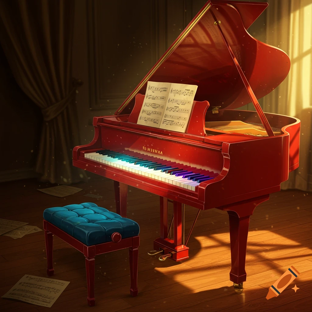 A glossy red grand piano with colorful keys and sheet music on the stand, next to a blue tufted bench in a warmly lit, elegant room.