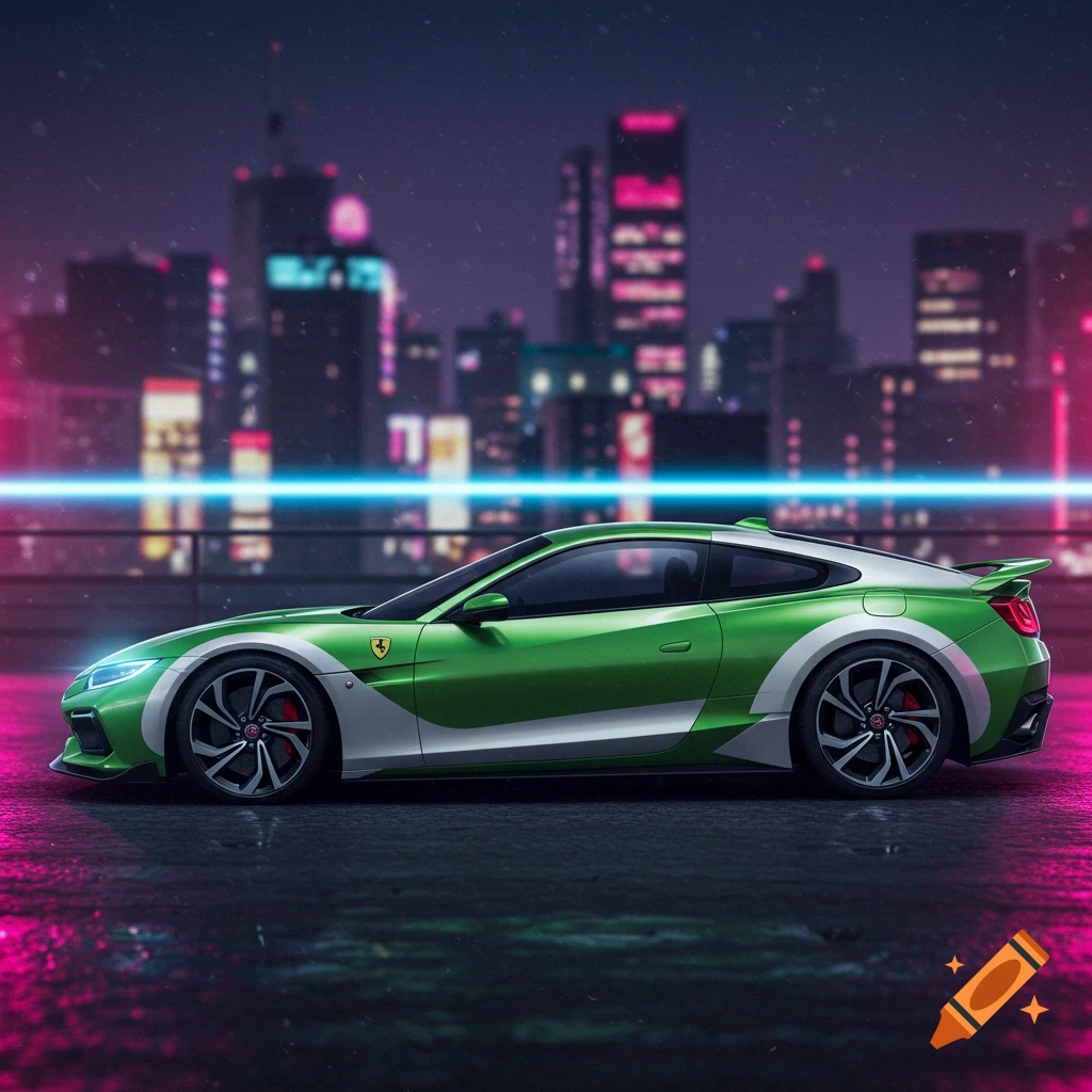 A vibrant green and white sports car, a hybrid of a Honda Civic and a Ferrari, with a small, indistinct Ferrari-like logo on its side. It's parked on a wet surface with a neon-lit futuristic cityscape in the background under a dark sky, featuring a bright blue horizontal light band.