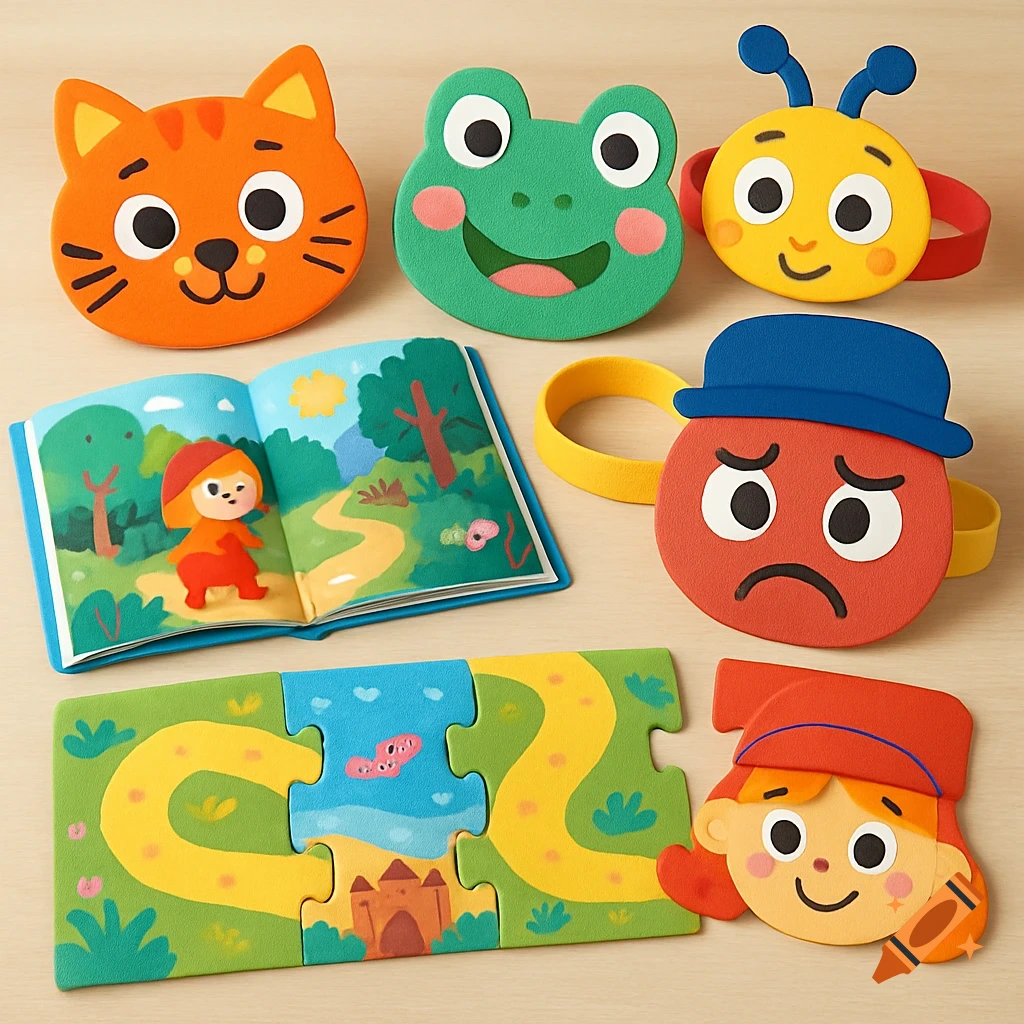 Colorful preschool toy set with foam character headbands, a storybook, and a puzzle of a path to a castle.