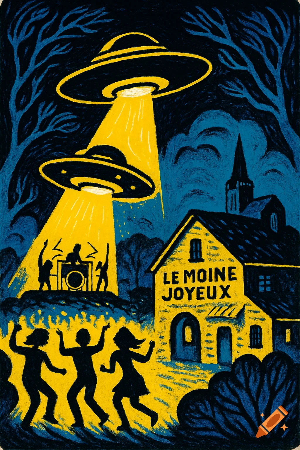 Psychedelic illustration of UFOs beaming light onto a music festival with dancing silhouettes, a bar, and a church in a French village. Vibrant blue and yellow colors.