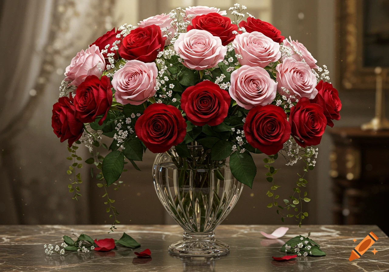A beautiful bouquet of red and pink roses with baby's breath in a crystal vase on a marble table.