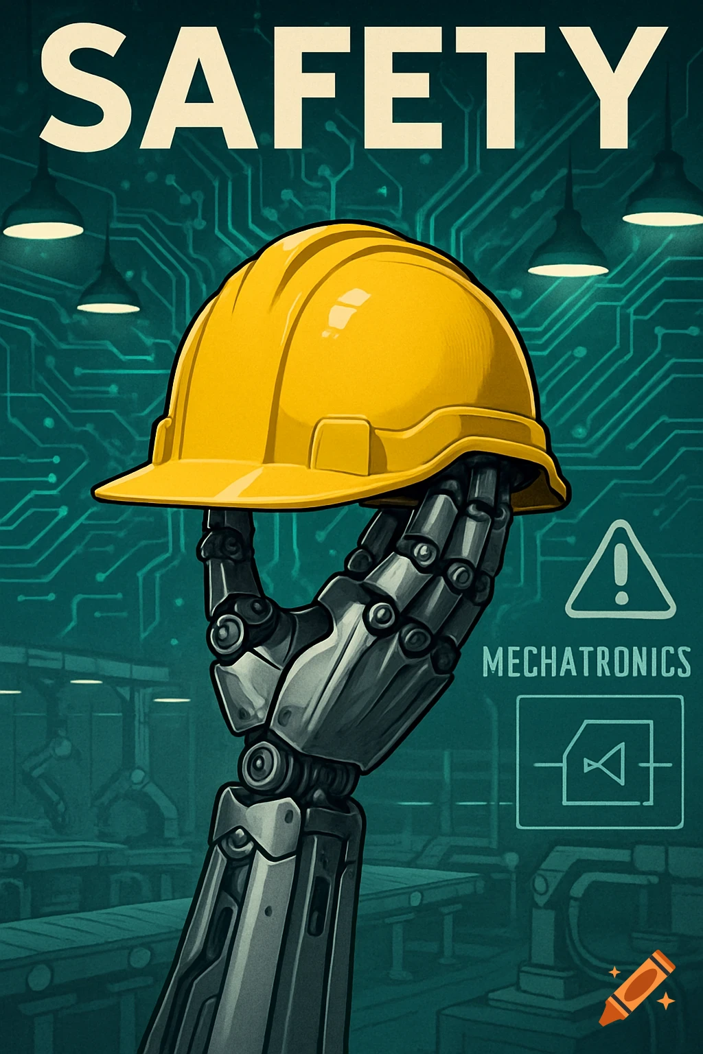 A robotic arm holds a yellow hard hat against a teal circuit board background with "SAFETY" and "MECHATRONICS" text.