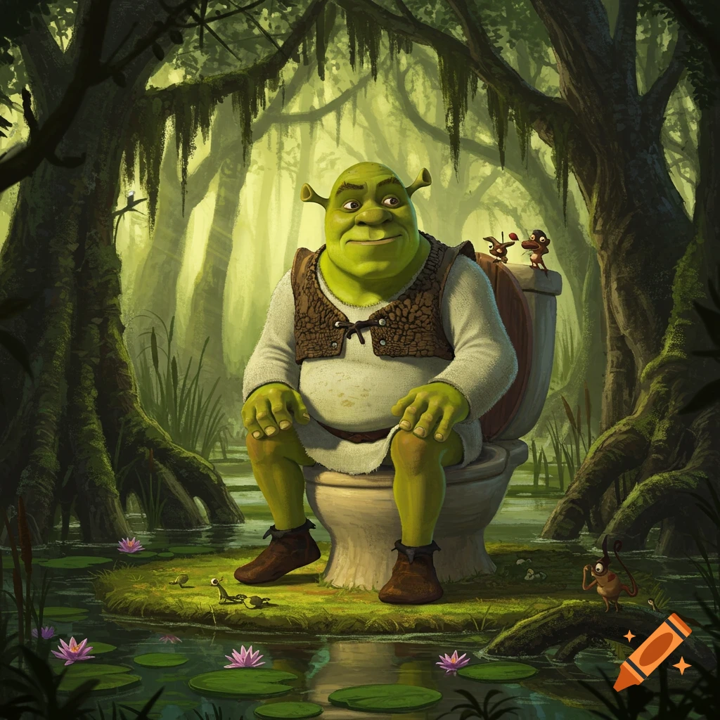 An illustrated Shrek sits on a toilet in a lush, mossy swamp, with water lilies and small creatures.