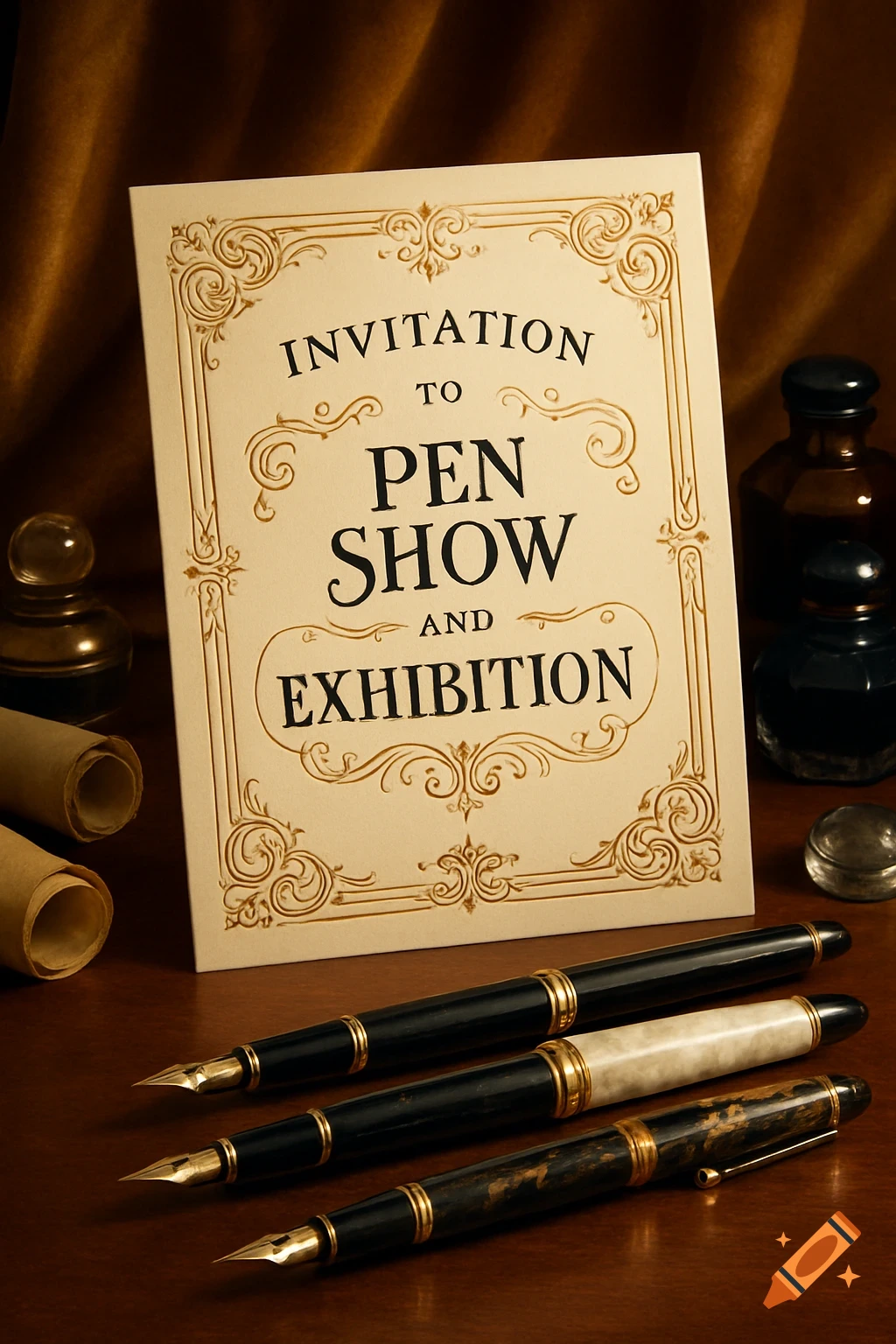 An elegant, vintage-style invitation card for a "PEN SHOW AND EXHIBITION" surrounded by several ornate fountain pens, ink bottles, and rolled scrolls on a wooden surface.