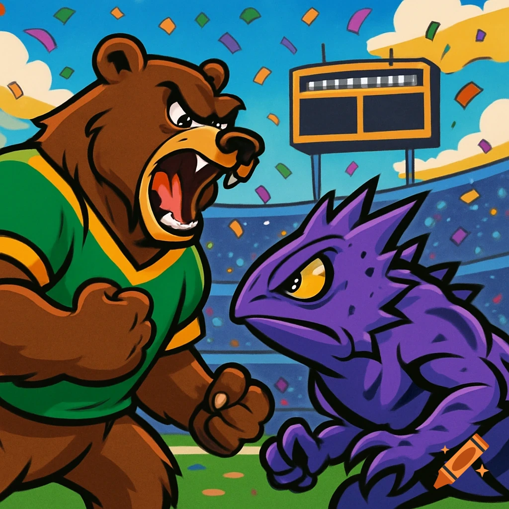 Cartoon mascots, a brown bear in green and gold and a purple horned frog, face off aggressively on a sports field with a scoreboard and confetti.