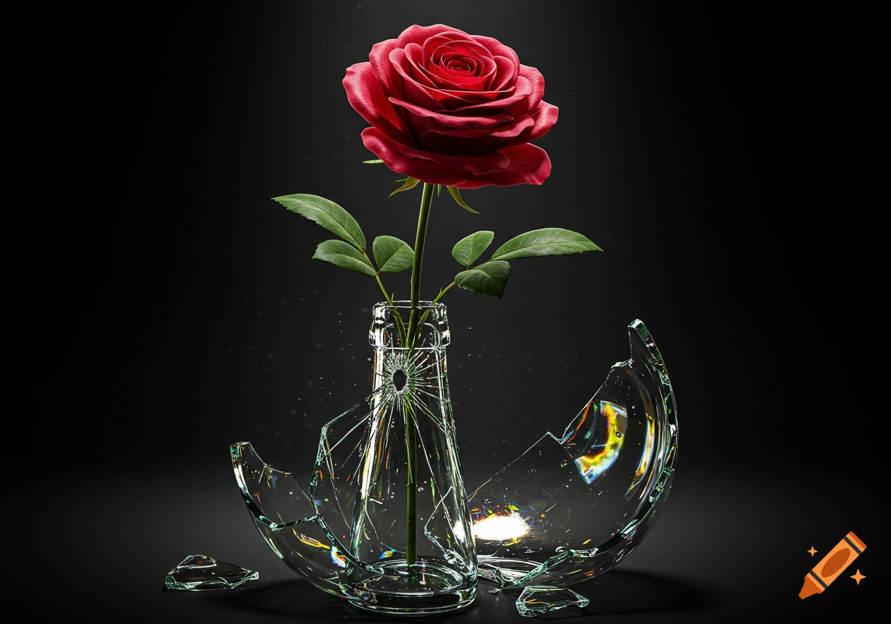 A vivid red rose emerges from the neck of a shattered glass bottle, shards glistening on a dark background.