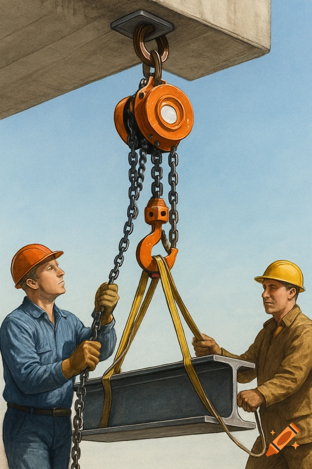 Two construction workers operate a chain block to lift an I-beam using web slings, an illustration.