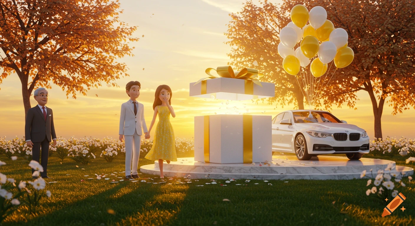 A 3D animated couple holds hands as a white BMW emerges from a glowing gift box in a sunlit garden, watched by an older man.