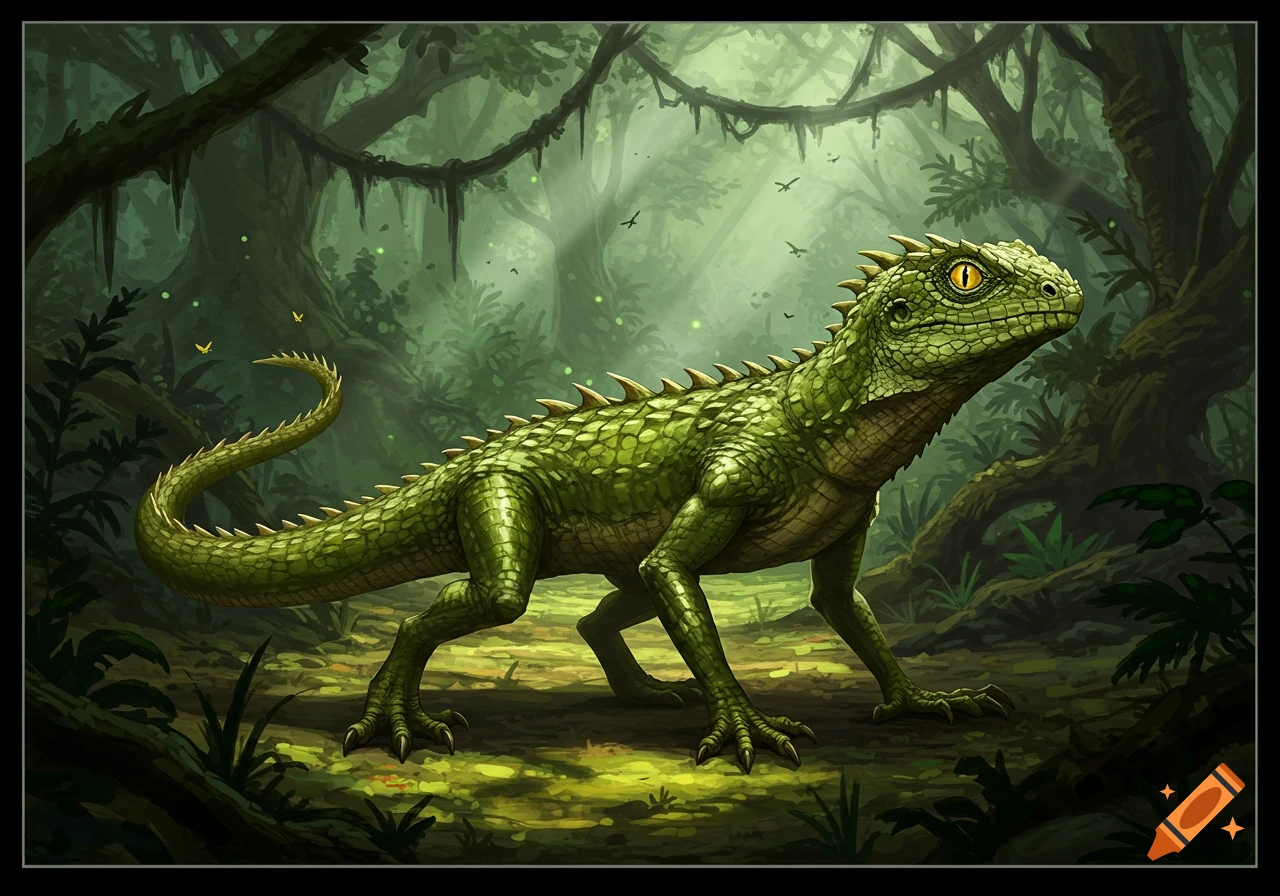 A vibrant green, spiky, lizard-like creature with yellow eyes stands in a lush, illuminated jungle environment, looking to the right. The style is detailed fantasy art.