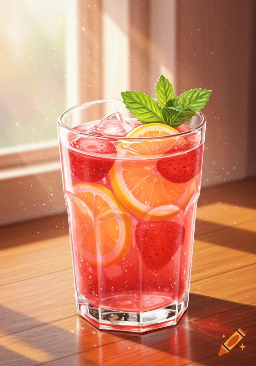 A vibrant glass of strawberry lemonade with lemon slices, whole strawberries, mint leaves, and ice, on a wooden table in sunlit window light.
