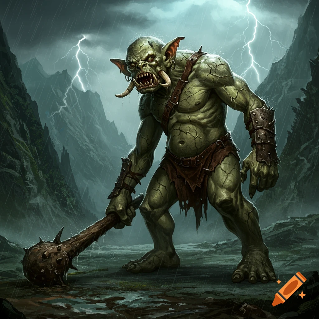 A muscular, green-skinned goblin monster with tusks and a spiked club stands in a stormy, mountainous landscape with lightning.