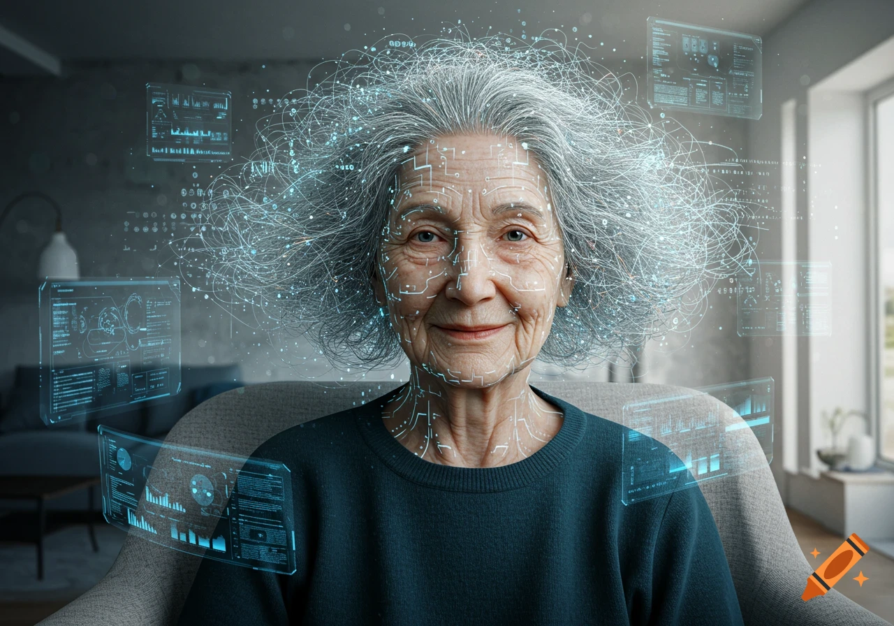 Photorealistic portrait of an elderly woman with glowing digital circuits on her face and futuristic data interfaces around her.