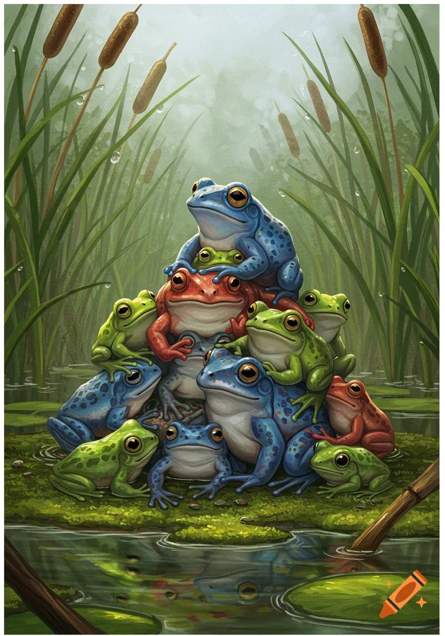 A large stack of blue, green, and red cartoon frogs in a marshy pond with tall reeds and cattails, illustrated in a whimsical style.