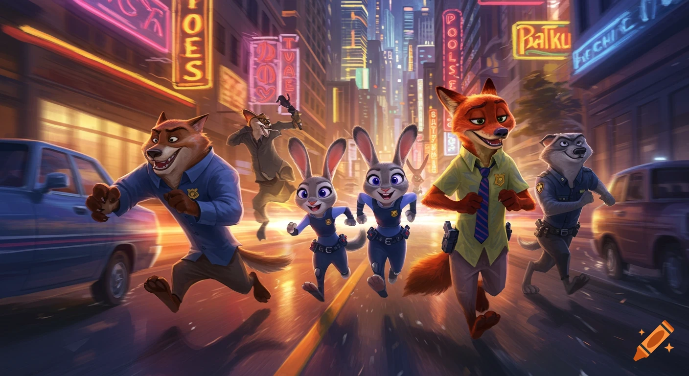 Animated Zootopia police (fox, two rabbits, and a wolf) chase members of The Bad Guys (a wolf and a hyena-like character) through a city street at night, with neon signs blurring in the background.