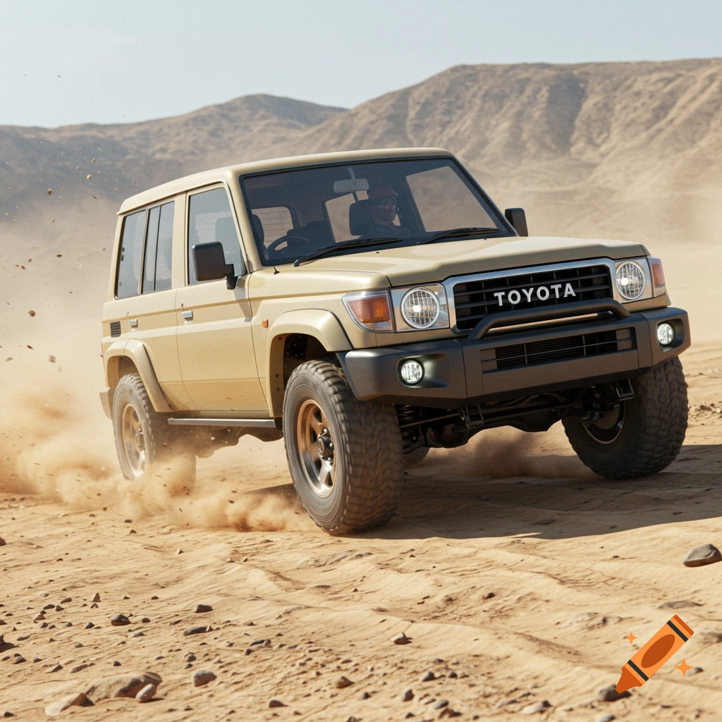 A beige Toyota Land Cruiser drives through a dusty desert landscape with mountains in the background, kicked up sand trailing its wheels.