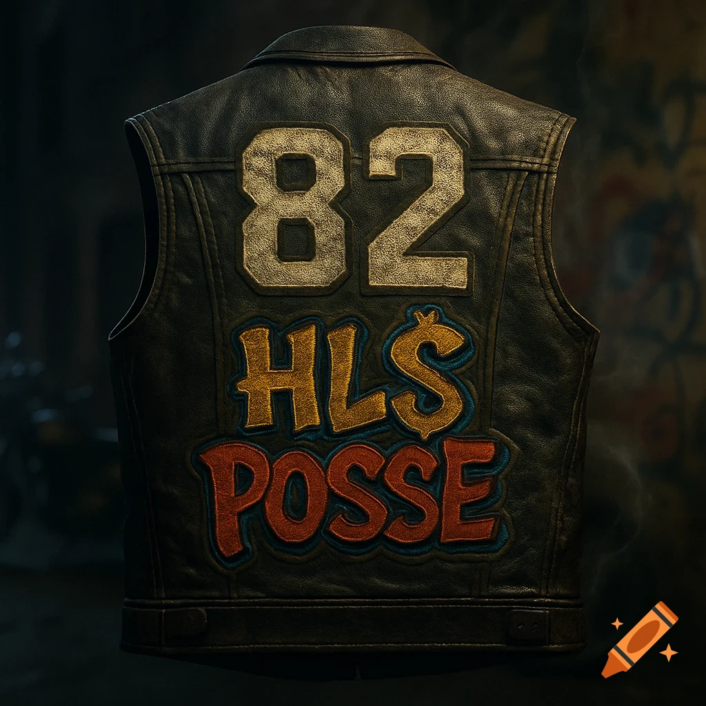A photorealistic black leather biker vest with "82" and "HL$ POSSE" patches on the back.