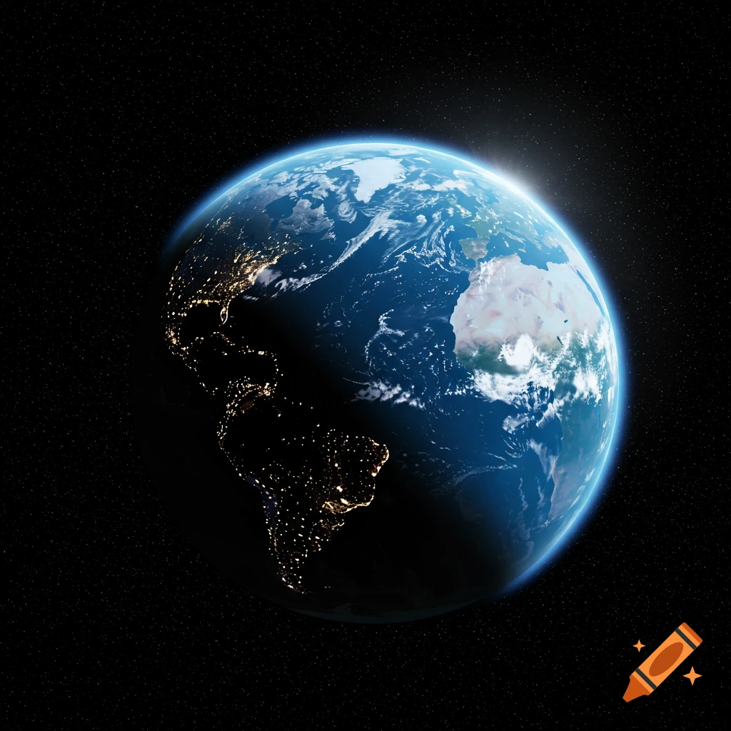 Photorealistic Earth from space showing continents, city lights on the night side, and atmospheric glow.