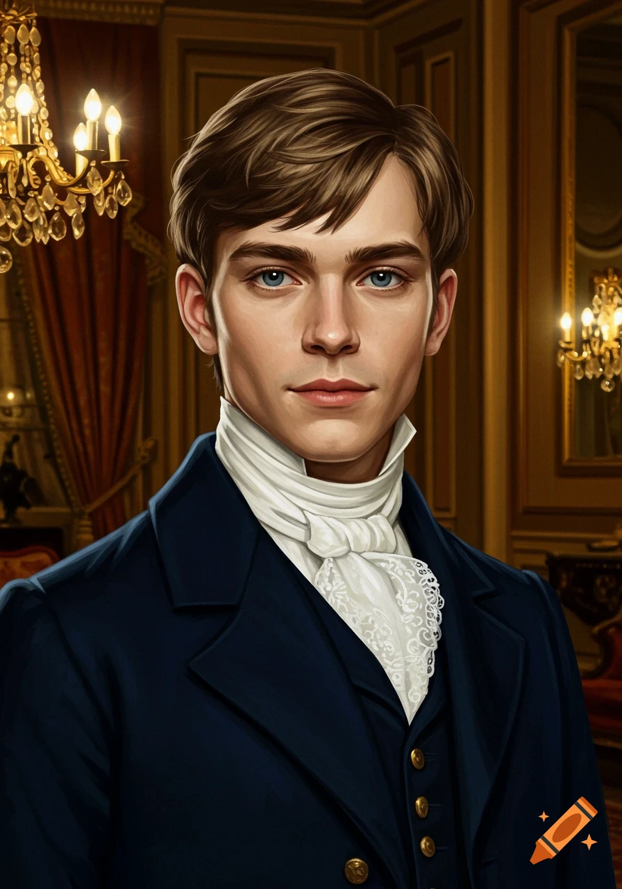 Close-up painting portrait of a young man with brown hair and blue eyes, wearing a dark blue Victorian coat and white cravat, in a formal room.