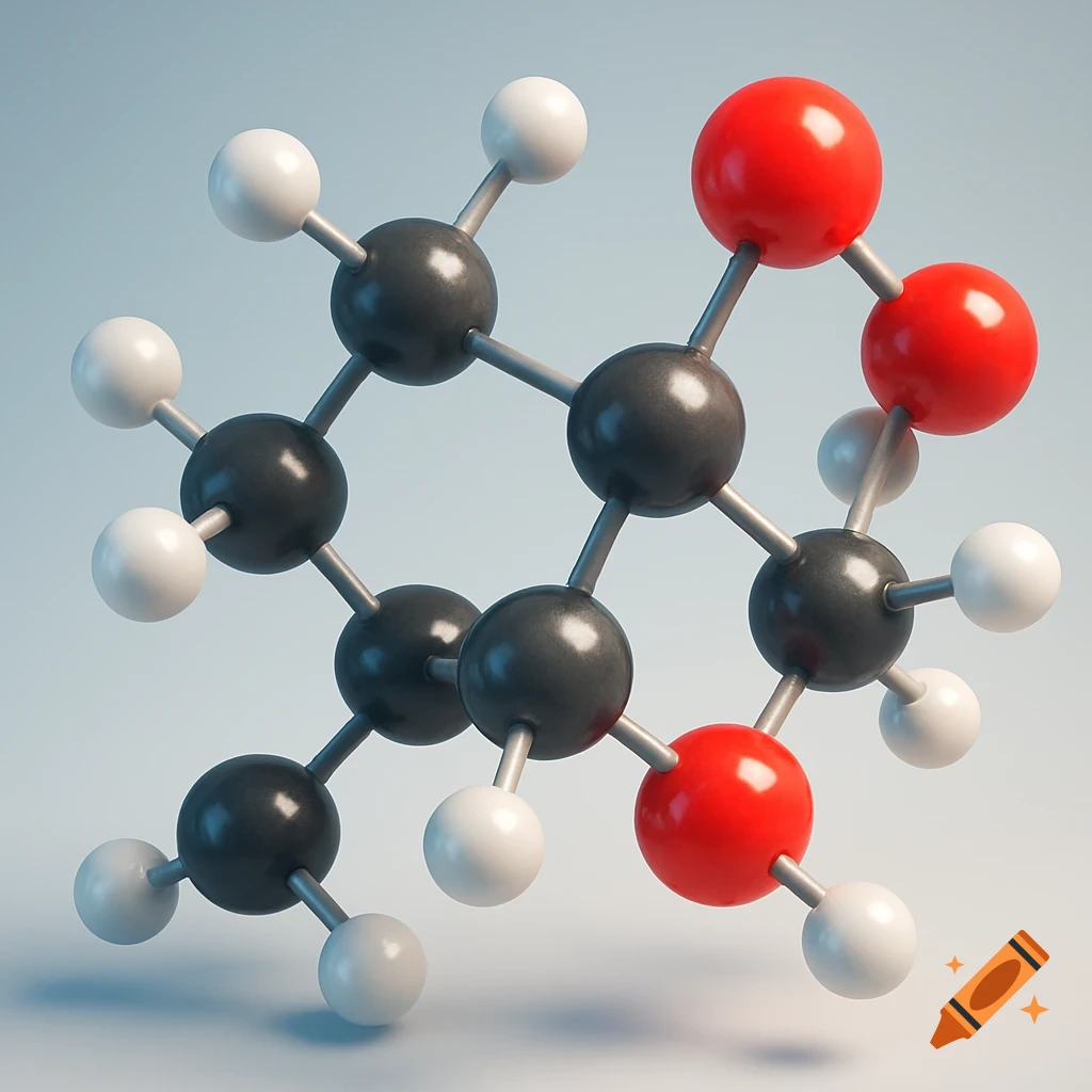 A 3D ball-and-stick model of a fructose molecule with black, white, and red spheres on a light blue background.
