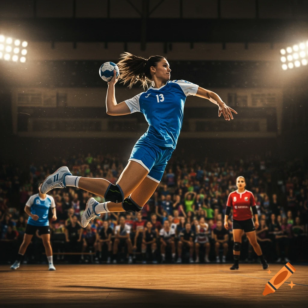 A female handball player in a blue and white jersey makes a jump shot in a brightly lit arena, with spectators in the background.