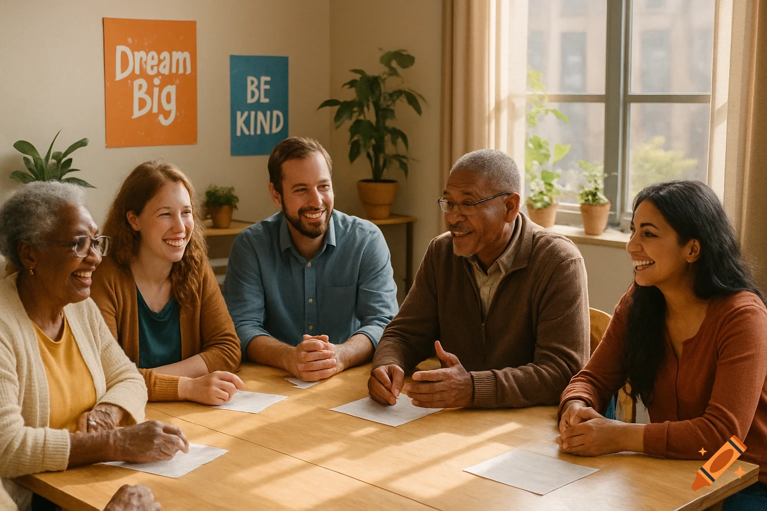 A diverse group of adults, including elderly and younger individuals, smiling around a wooden table in a sunlit room with motivational posters.