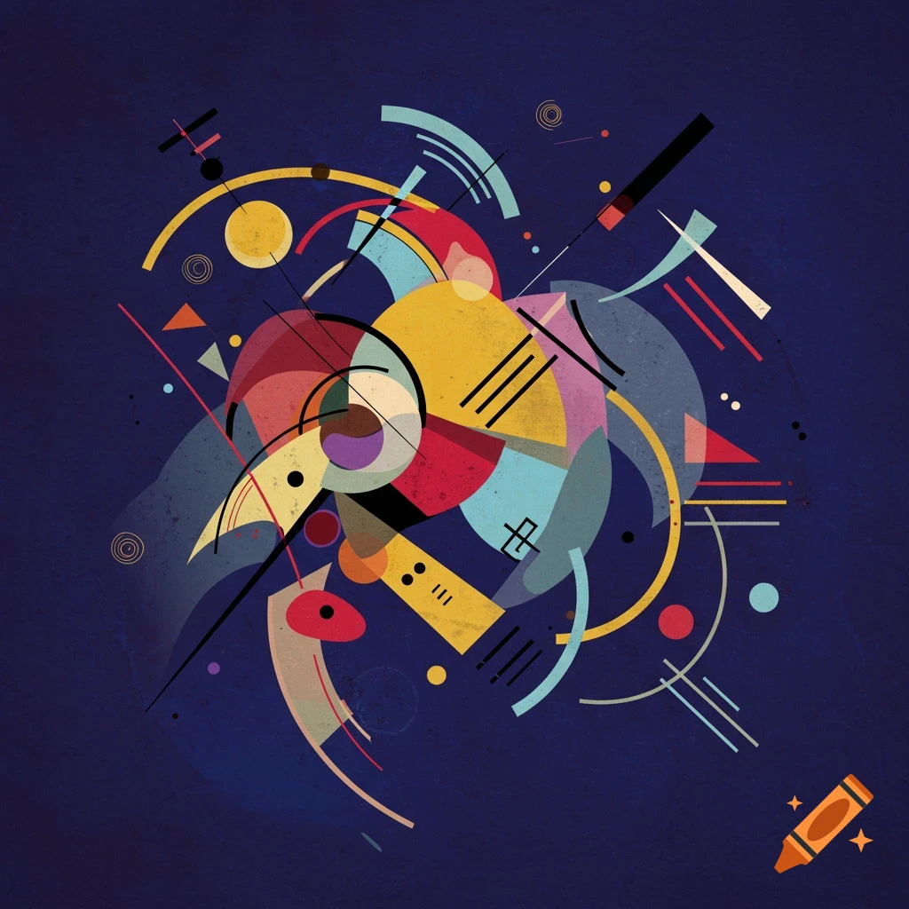 A vibrant abstract geometric art piece in Kandinsky's style, featuring circles, lines, and arcs on a dark blue background.