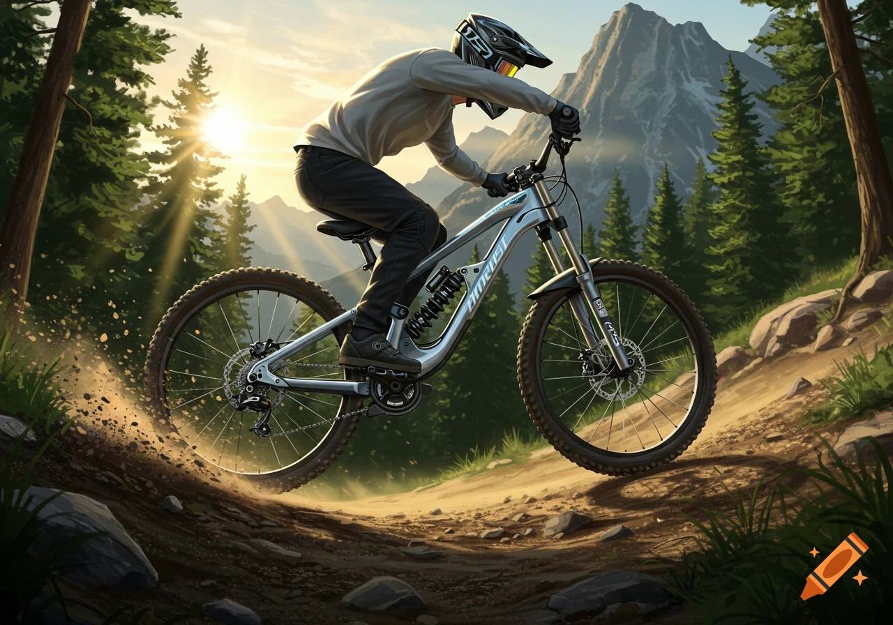 A person on a silver downhill mountain bike rides down a dirt trail in a forest at sunset, with mountains in the background.