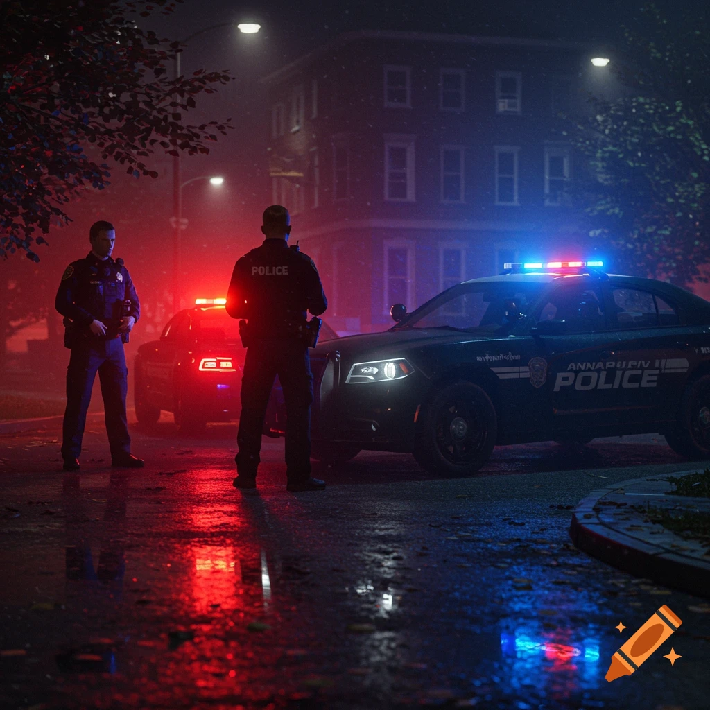 Two police officers stand near police cars with flashing red and blue lights on a wet city street at night, reflecting the lights.