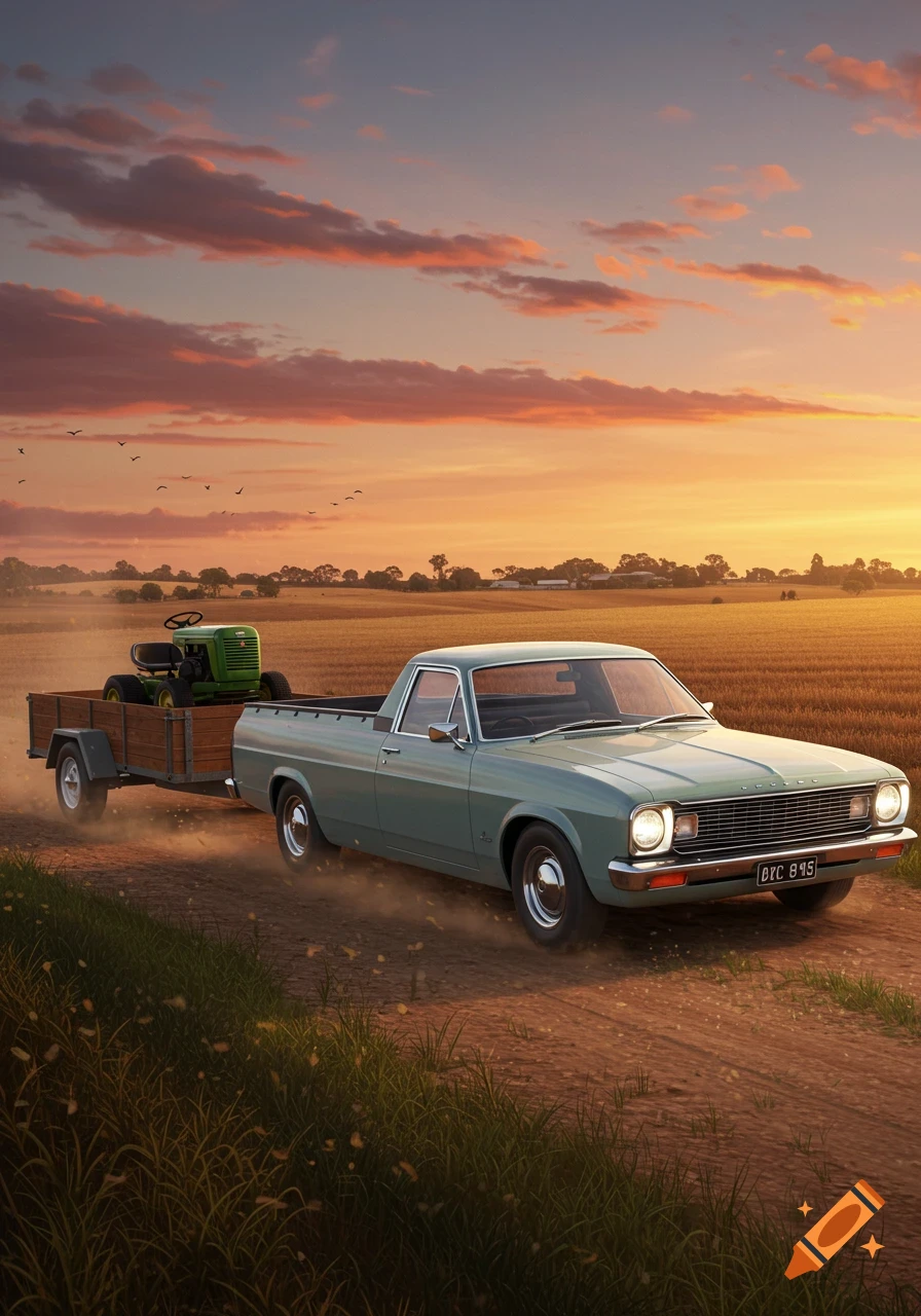 A light blue vintage-style ute truck tows a wooden trailer with a green lawnmower down a dusty dirt road at sunset through golden fields.