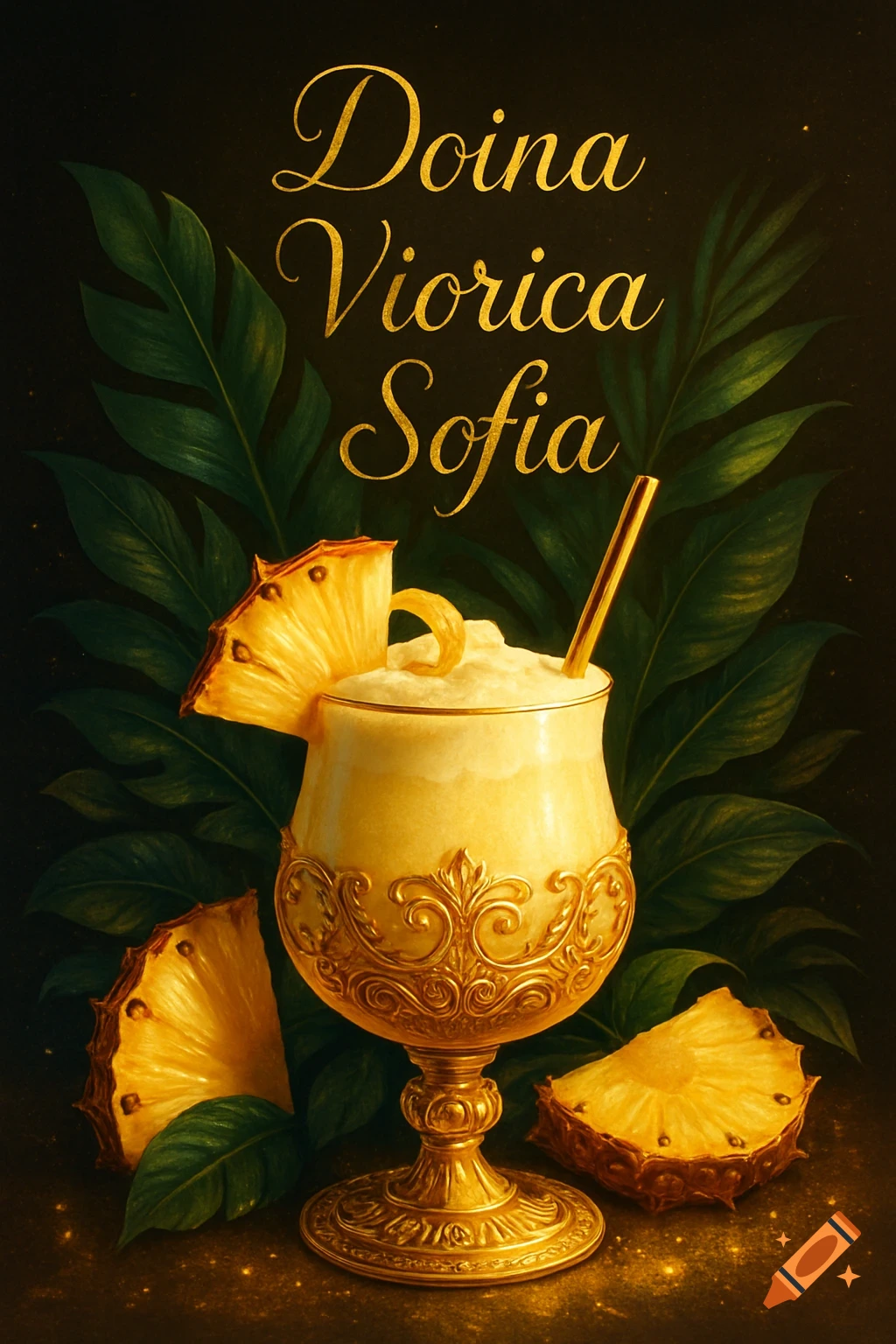Elegant illustration of a pina colada in a golden glass, garnished with pineapple, tropical leaves. Text: Doina, Viorica, Sofia.