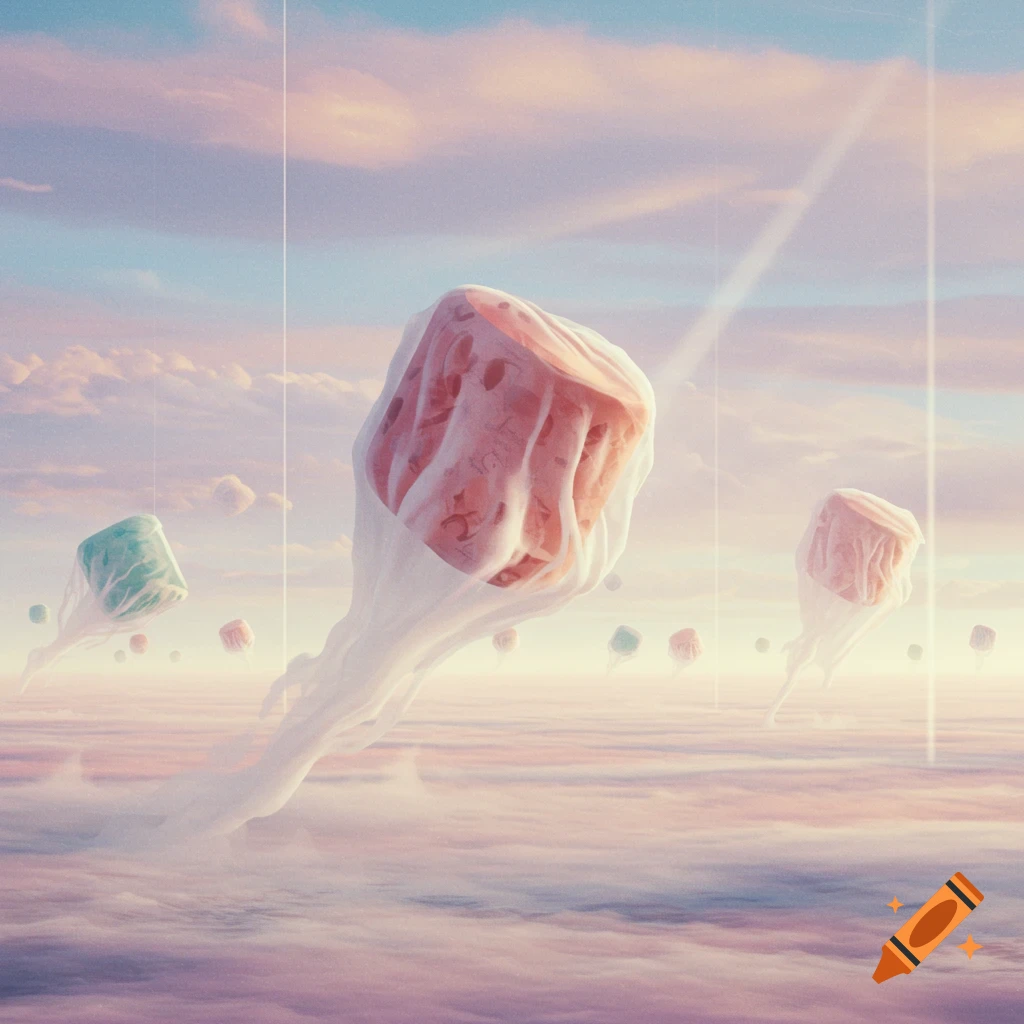 Surreal light-colored amorphous objects wrapped in translucent material float above pink and purple clouds under a pastel sky with a ray of light.