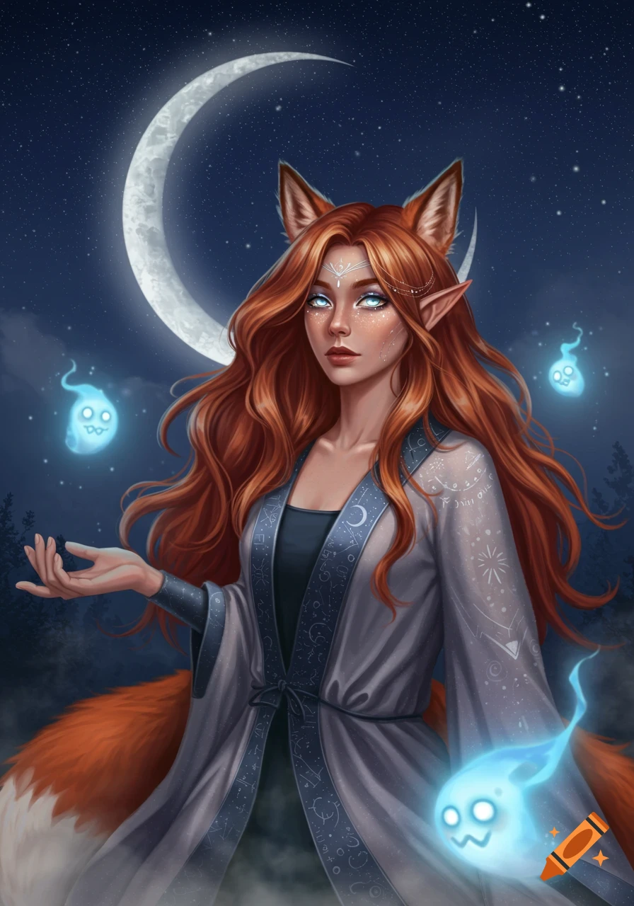 A red-haired moon elf-kitsune hybrid with fox ears and tail, glowing blue eyes, wearing an ornate robe, summoning blue spirits under a crescent moon in a starry night sky.