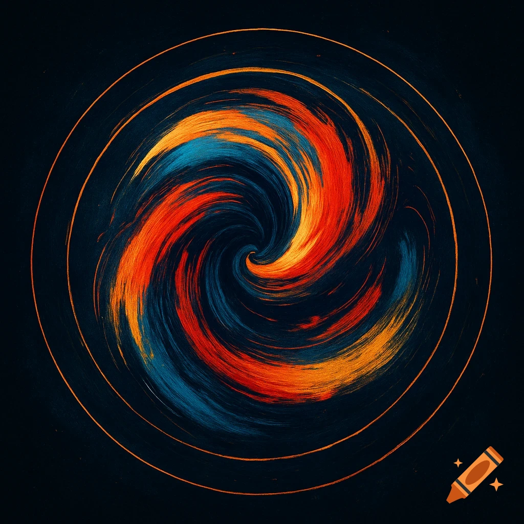 An abstract vibrant swirl of red, orange, and blue brushstrokes on a dark background, encircled by a thin copper ring.