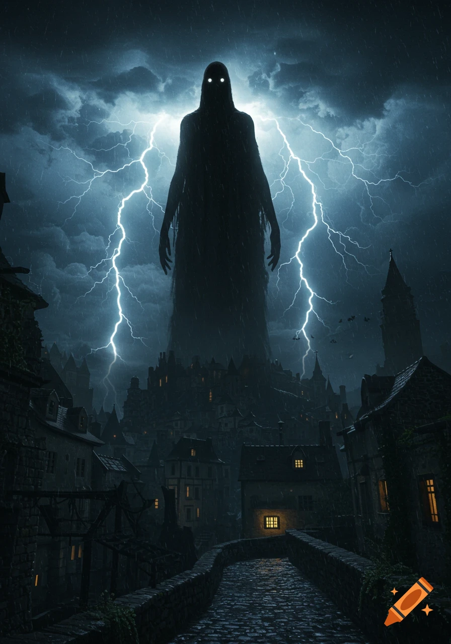 A giant, shadowy figure with glowing eyes looms over a medieval town under a stormy, lightning-filled sky.