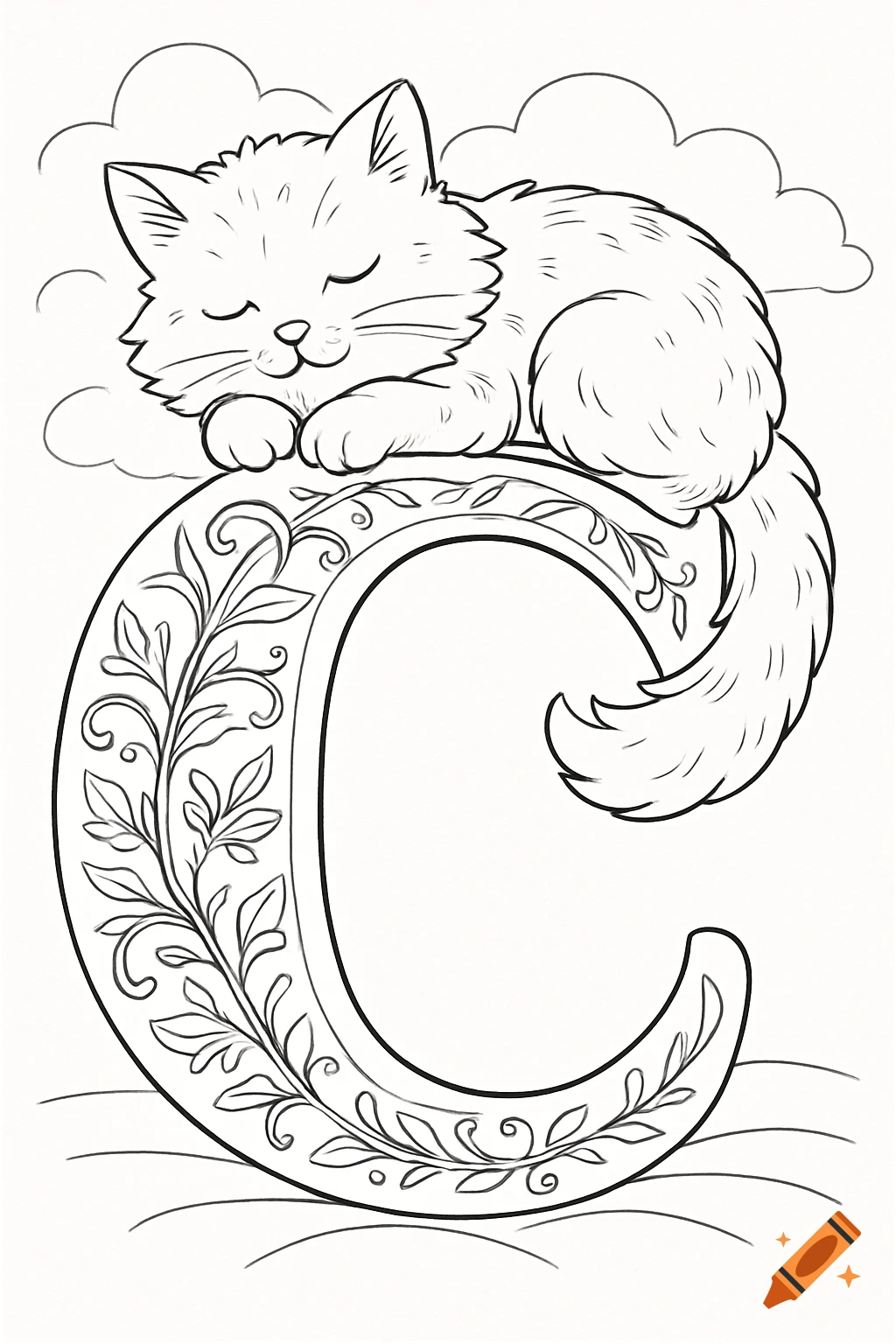 Line art coloring page of a fluffy cat sleeping peacefully on a large, ornate letter C with decorative vines.