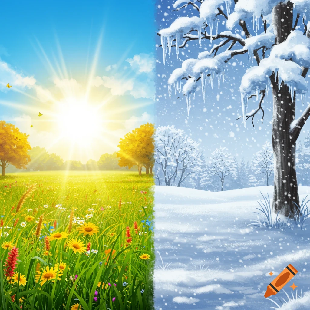 A split image depicting a vibrant summer landscape on the left with a sunny sky and green fields, and a snowy winter scene on the right with a frosted tree and falling snow.